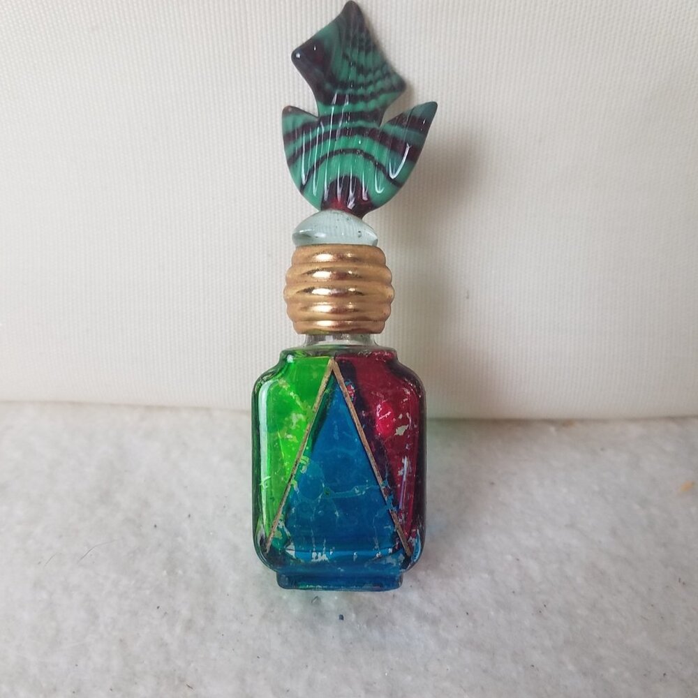 Murano Italy Hand painted Colorful Stained Geometric Perfume Bottle W/‎ Stopper